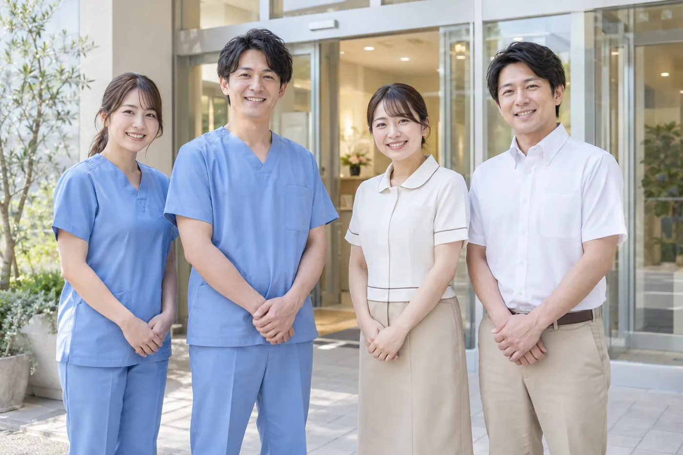 クリニックの入口前に並ぶ看護師と事務スタッフ 4 名