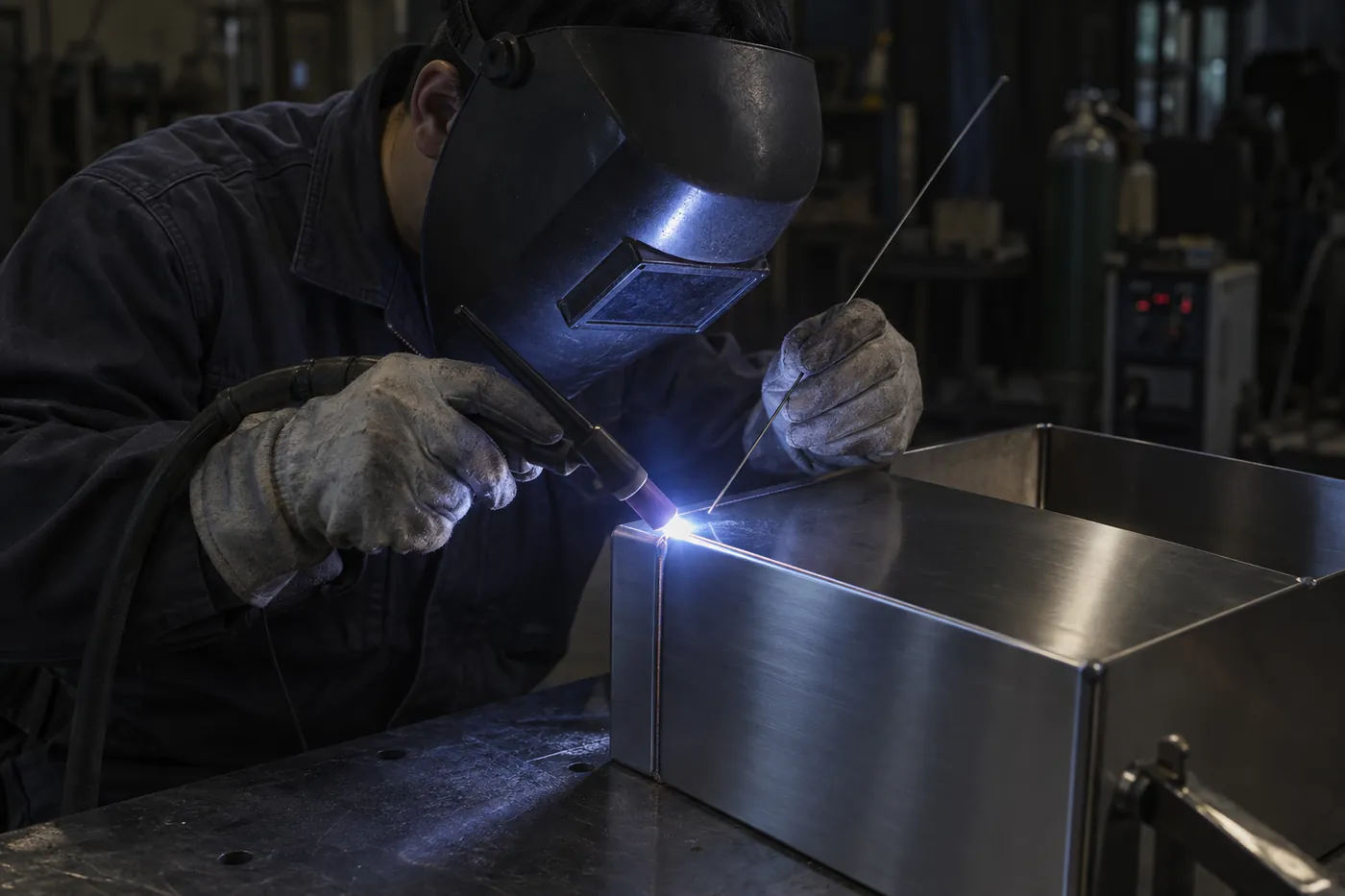 ステンレスの箱物を TIG 溶接している職人
