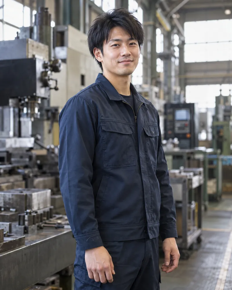 作業着姿で工場に立つ入社 6 年目の若手職人