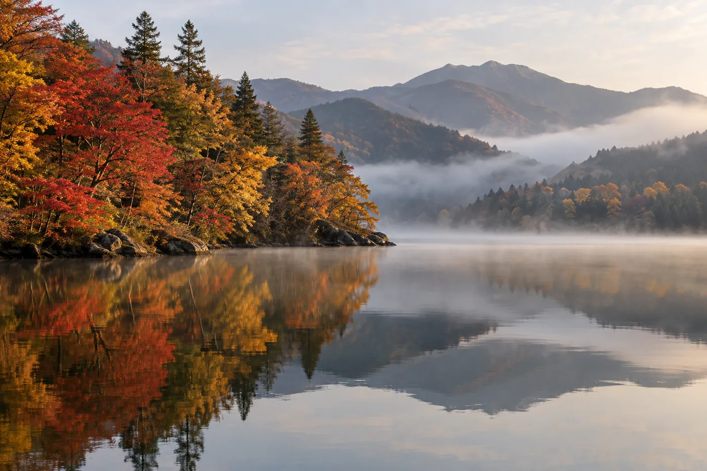 朝霧のかかった秋の湖畔。紅葉が水面に映っている