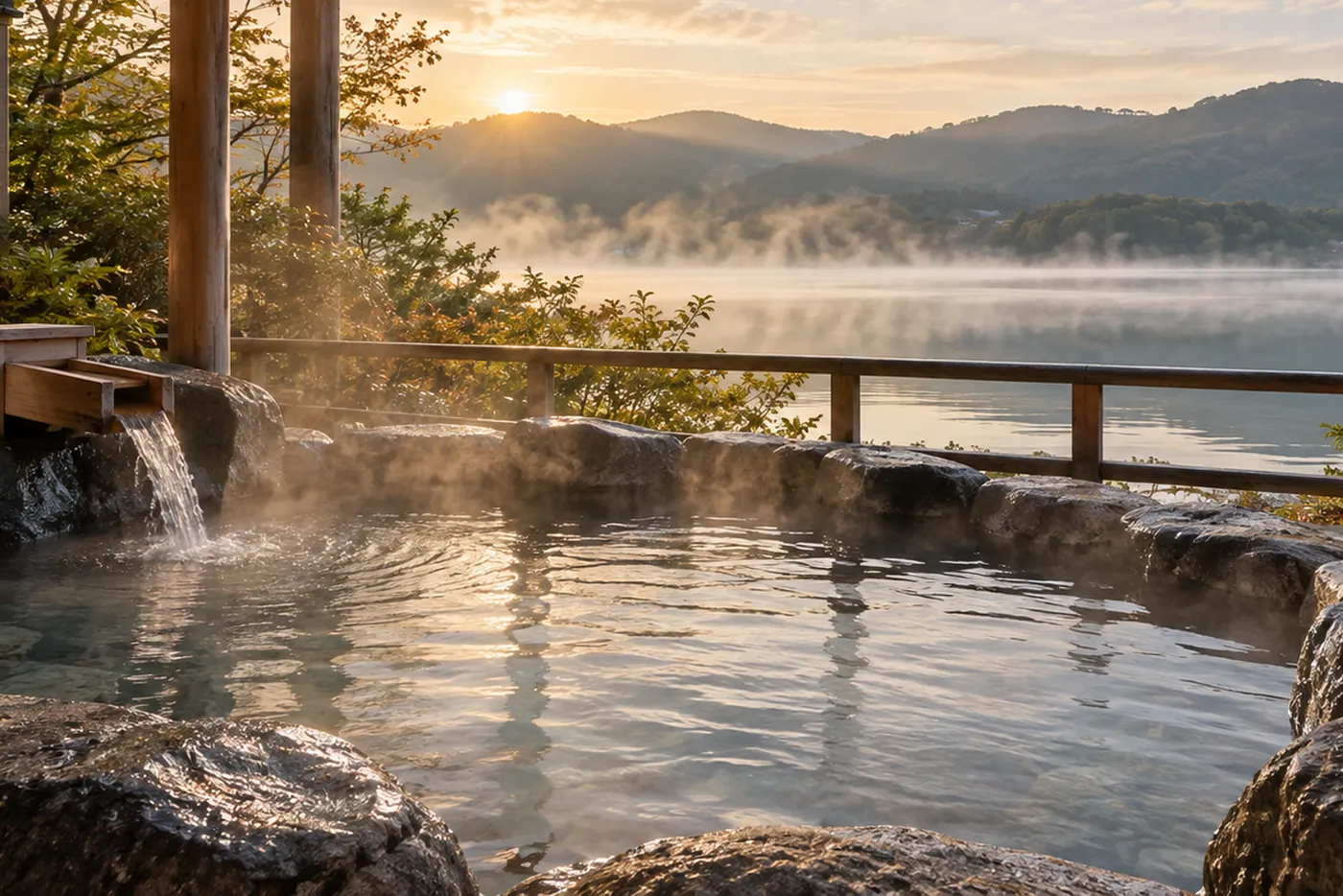 石を組んだ露天風呂。湯口から湯が注がれている