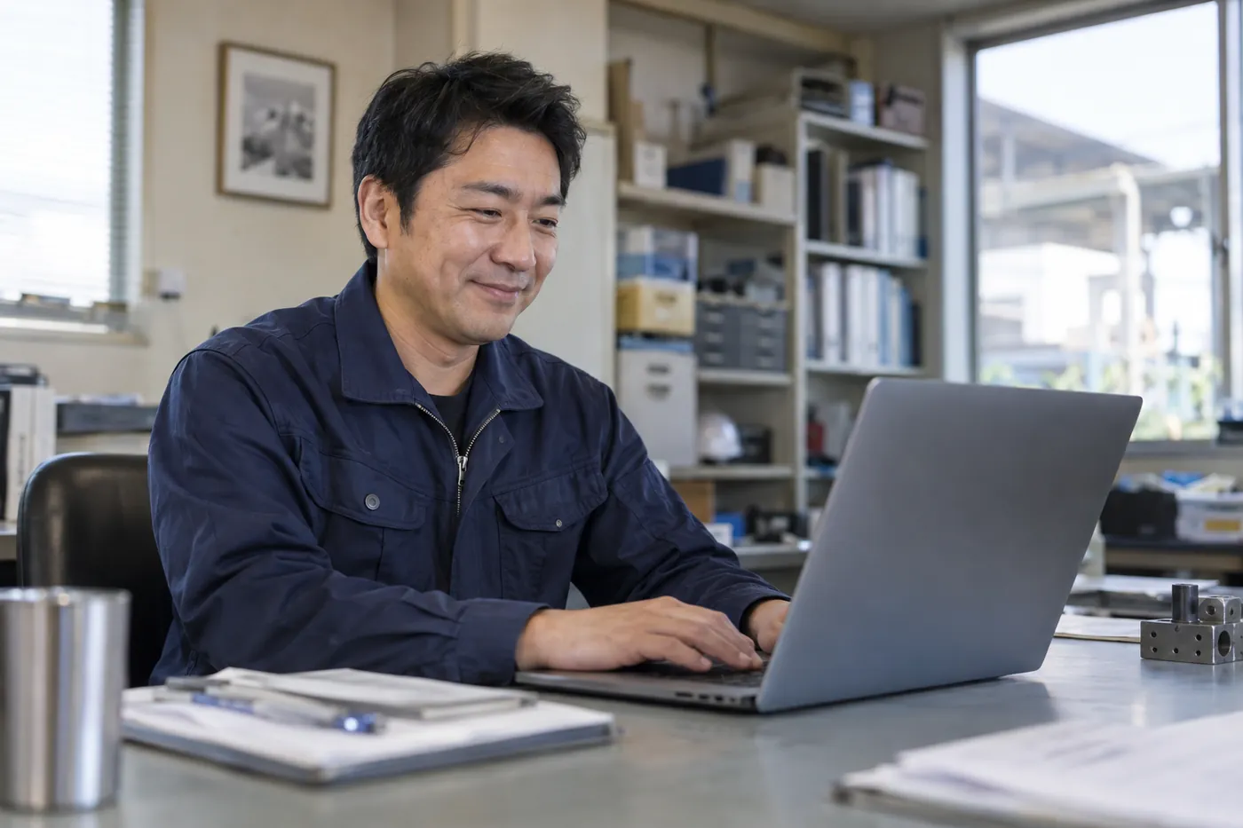 工場の事務所でノートパソコンの画面を確認する製造業の社長